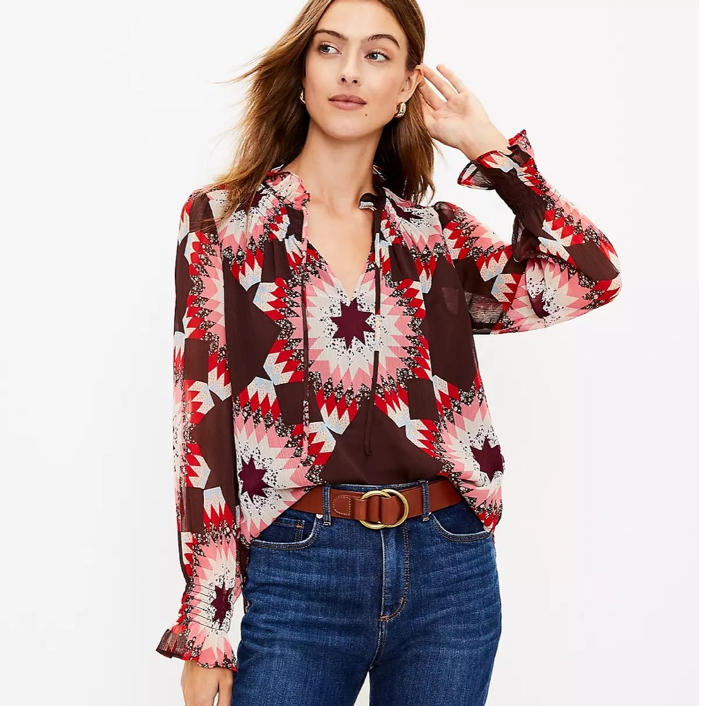 The Loft Geometric Print Blouse - Red and Brown Sz s